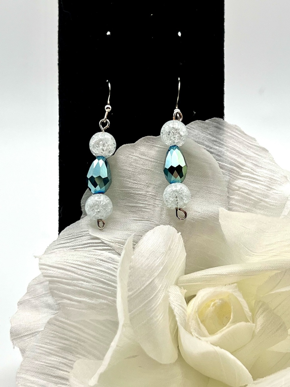Handcrafted Blue Crystal and White Bead Drop Earrings